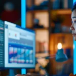 Woman analyzing data dashboards on dual monitors, exploring a Glean alternative like BA Insight.