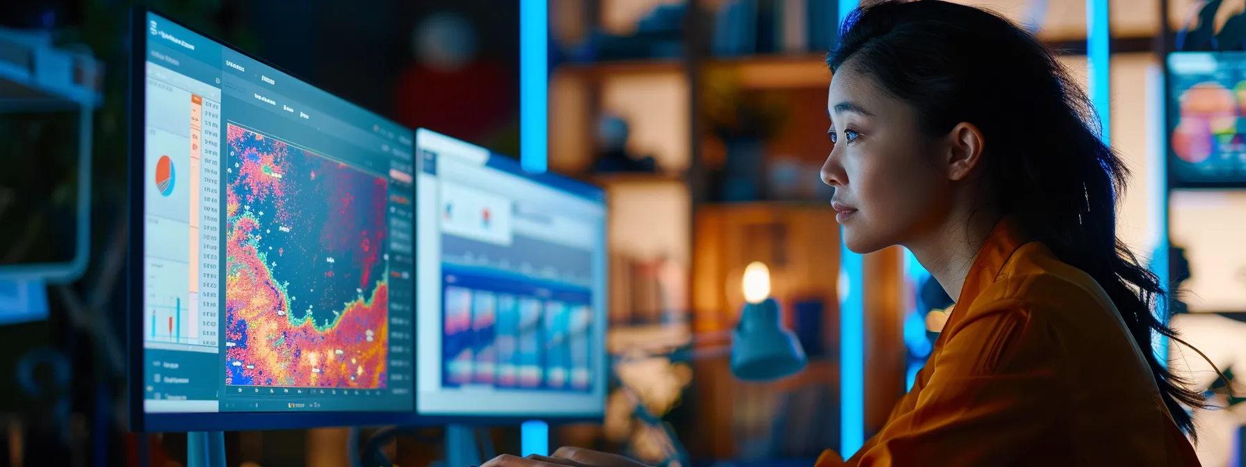 Woman analyzing data dashboards on dual monitors, exploring a Glean alternative like BA Insight.